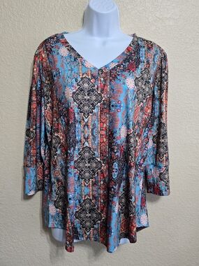 V-Neck Long Sleeve Tunic Top in Turquoise and Coral
